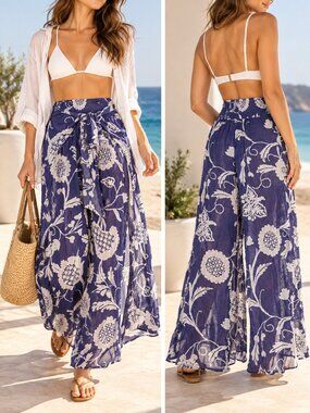 By Anthropologie Blue Floral Petal Wide Leg Swim Cover-Up Pants XS